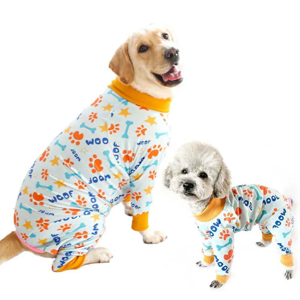 Cotton dog jumpsuit with four-legged design and cute print in multiple colour options