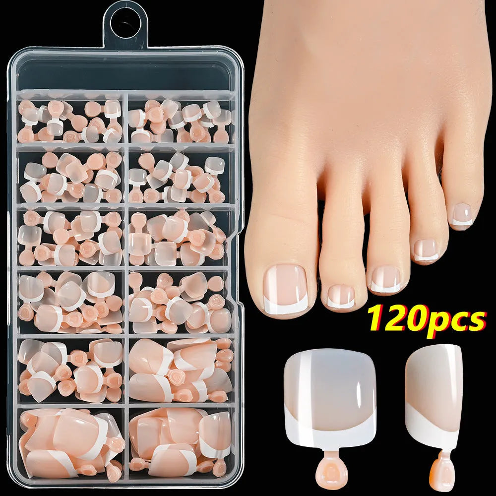 Box of 120 French white edge nude full square short artificial toe nails in nine shades