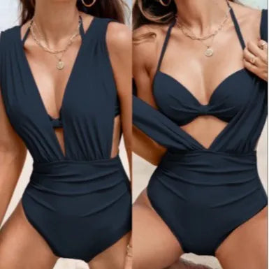 Women's high waist nylon bikini set with wide shoulder straps in navy blue