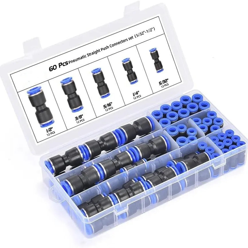 60-piece pneumatic push-in connector kit with R1/4 and R1/2 alloy plastic fittings