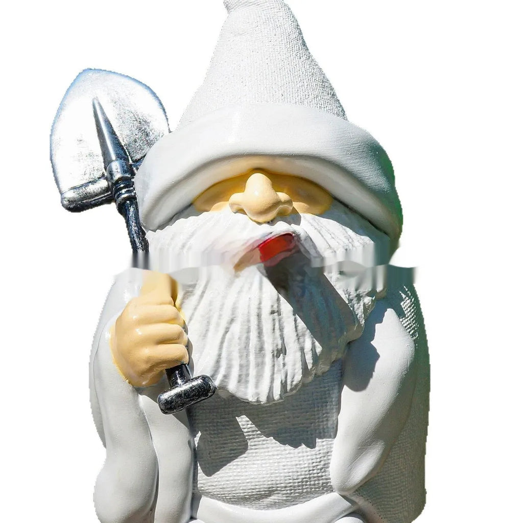 Christmas garden ornament showing dwarf character holding smoking shovel, resin craft figurine