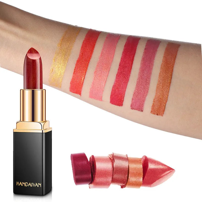 Pearlescent colour change temperature change lipstick in a tube with shimmering finish
