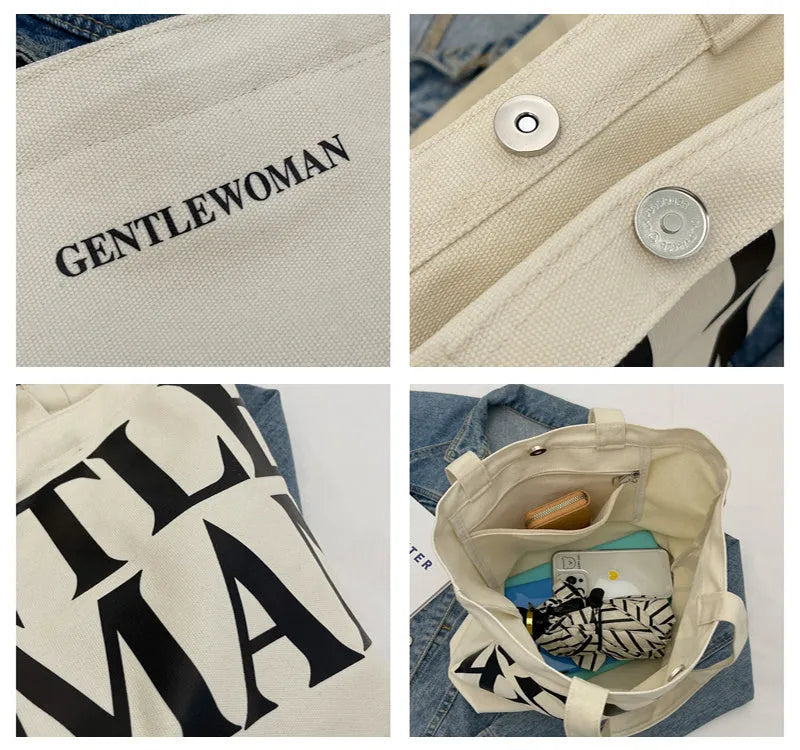 Large capacity canvas tote bag with letter print and upgraded zipper, off-white colour, on plain background