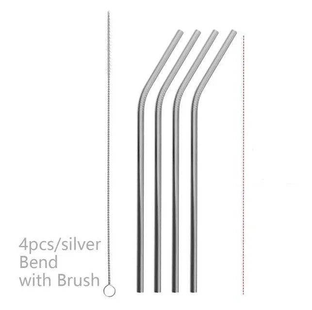 Set of four colourful reusable stainless steel straws in straight and bent styles with a cleaning brush.