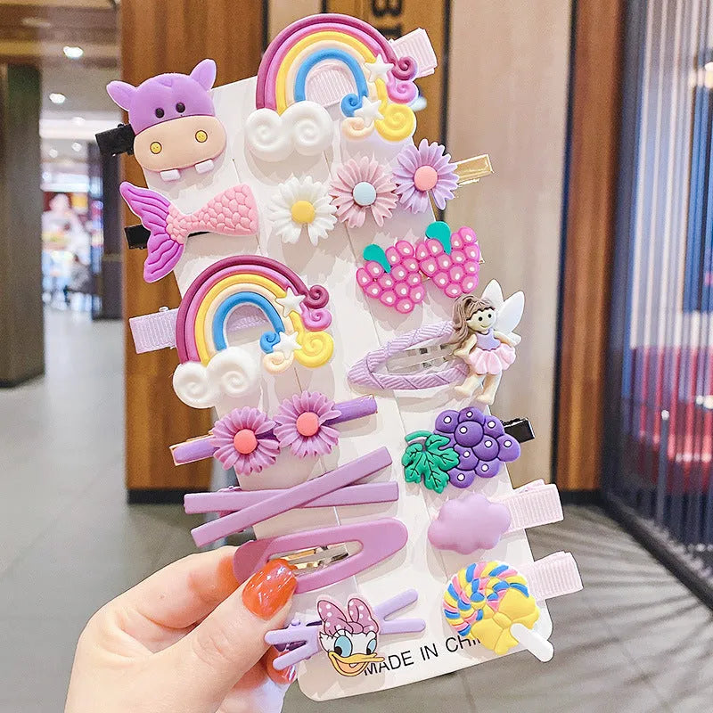 14-piece toddler hair clips set with rainbow barrettes, candy fruit, butterfly, and ice cream patterns on white background