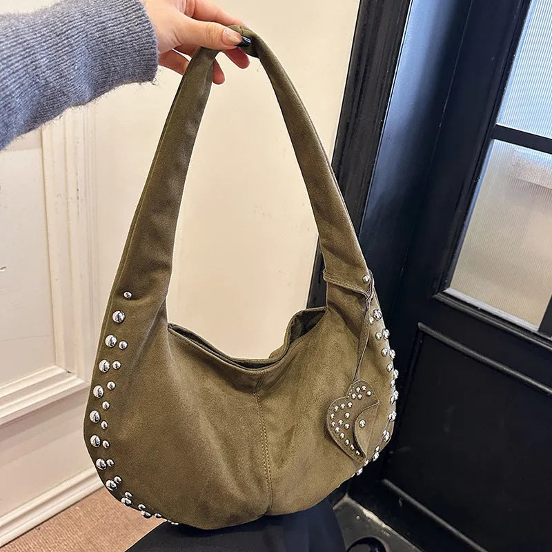 Soft plush casual tote handbag in retro style shown in multiple colour options including black, red, and brown.