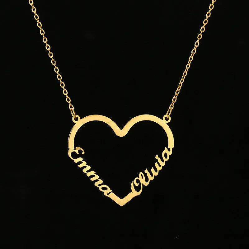 Custom stainless steel name heart pendant necklace with 18K gold plating and adjustable chain