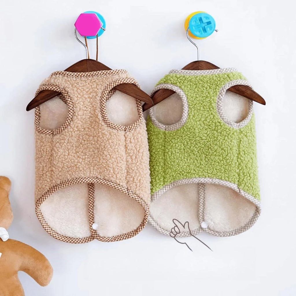 Green coral fleece dog vest with leash ring on back for small dogs