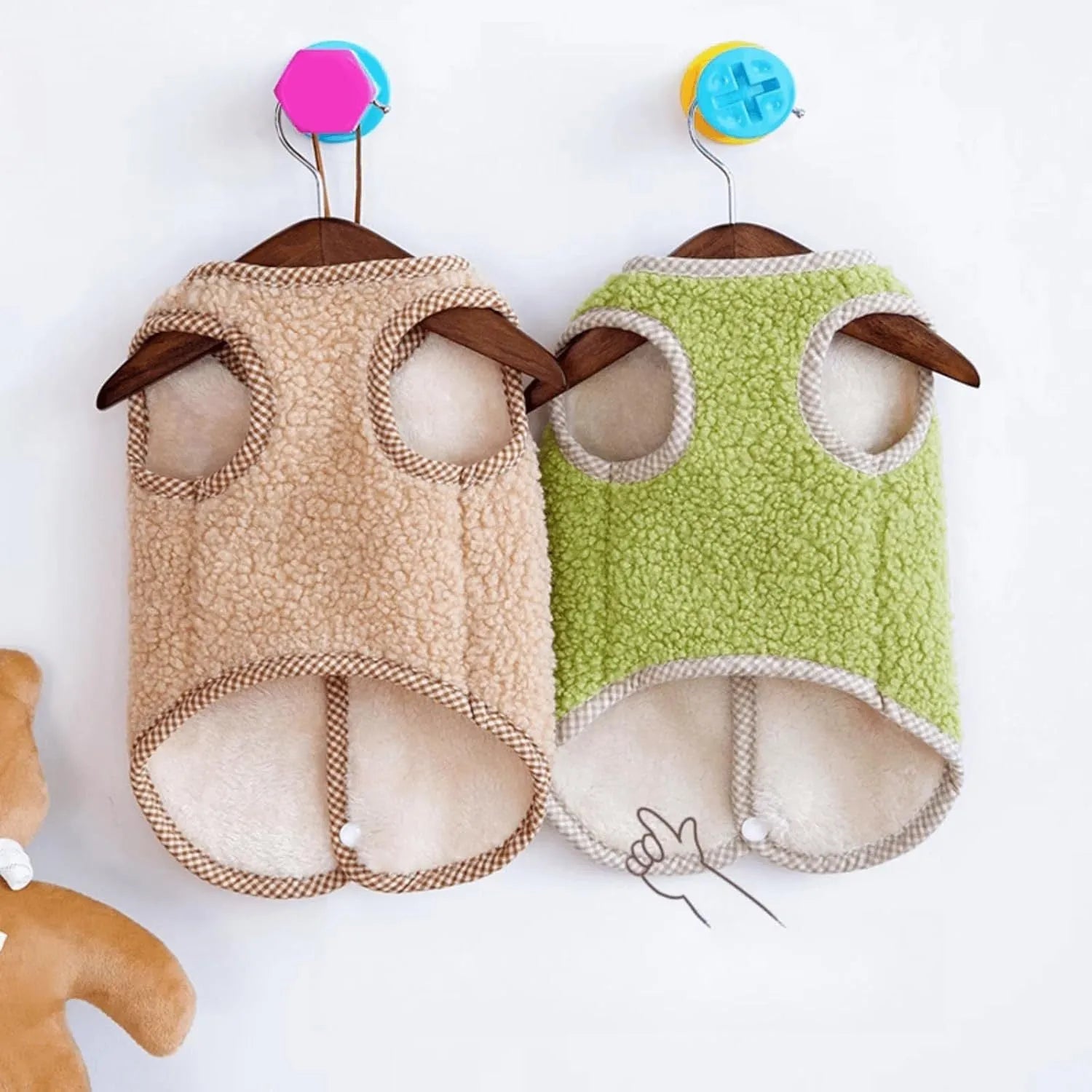 Green coral fleece dog vest with leash ring on back for small dogs