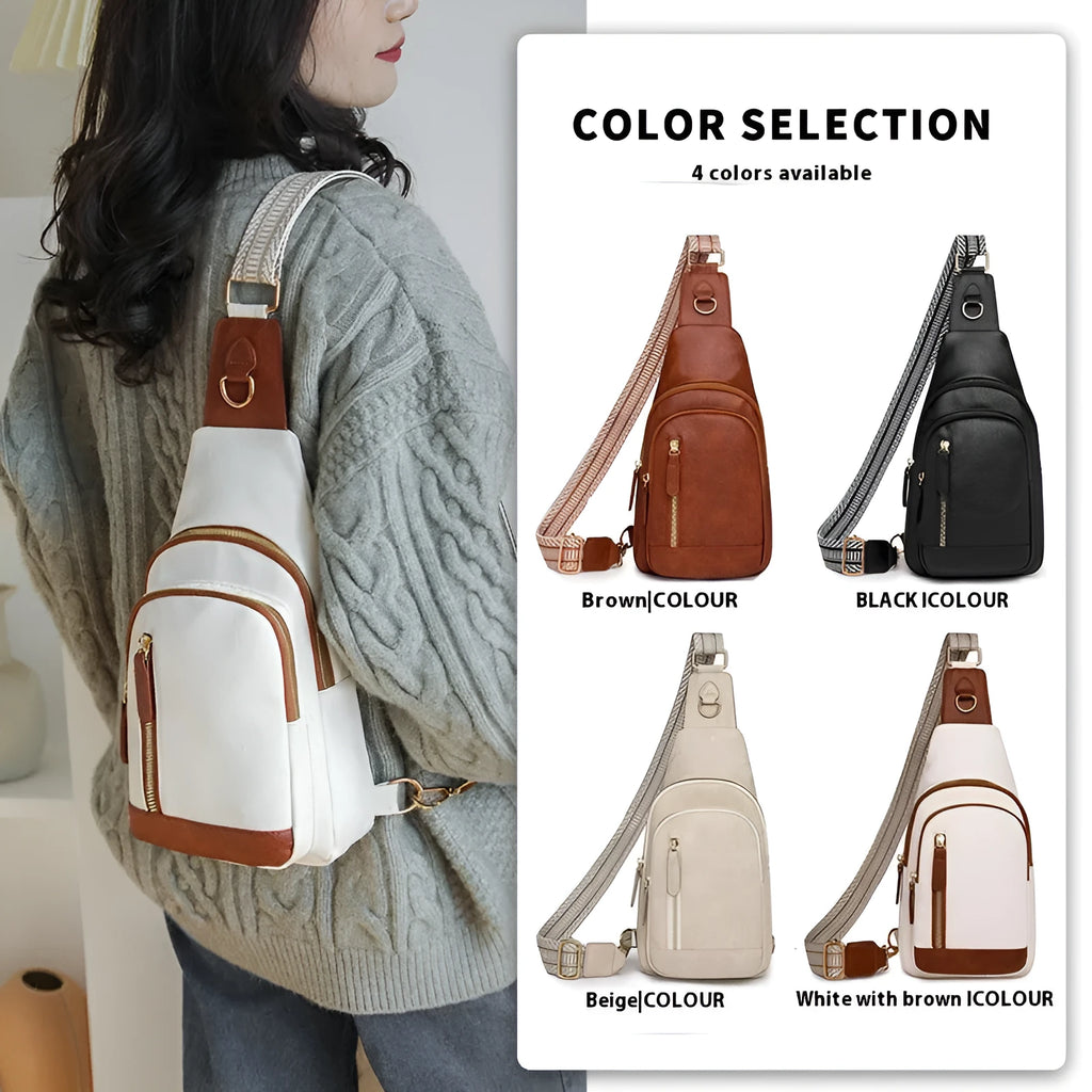 A soft PU women's crossbody messenger bag in beige, shown with an open outer pocket and decorative stitching.