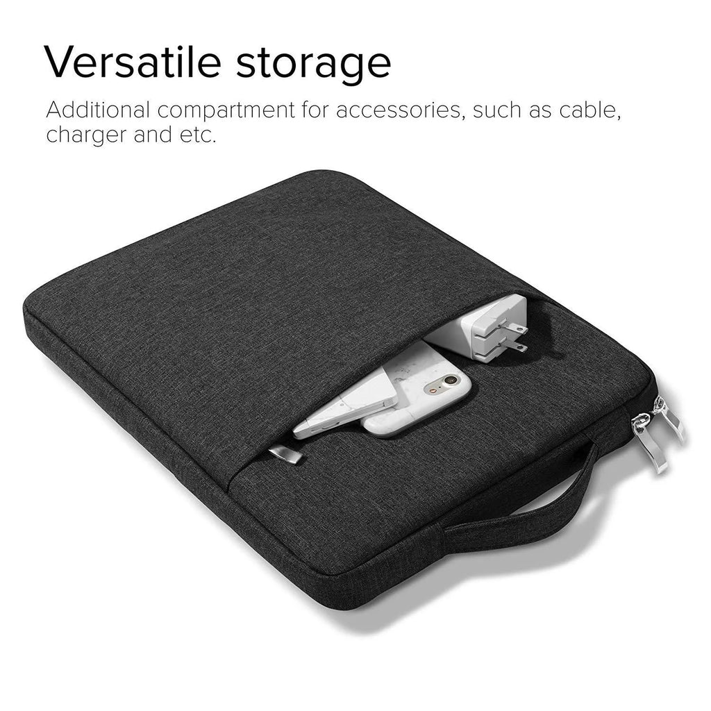 Simple grey canvas notebook sleeve case for a 12.9-inch tablet, showing padded interior.