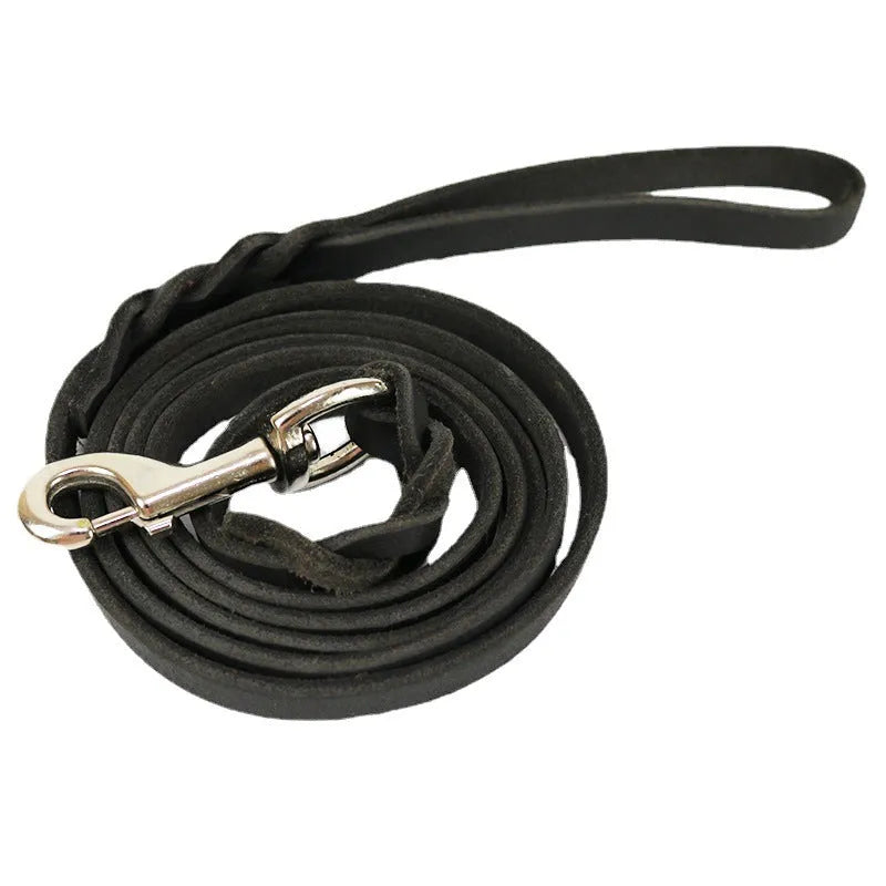 Cowhide leather dog lead rope for medium to large breeds showing thickened hand grip section