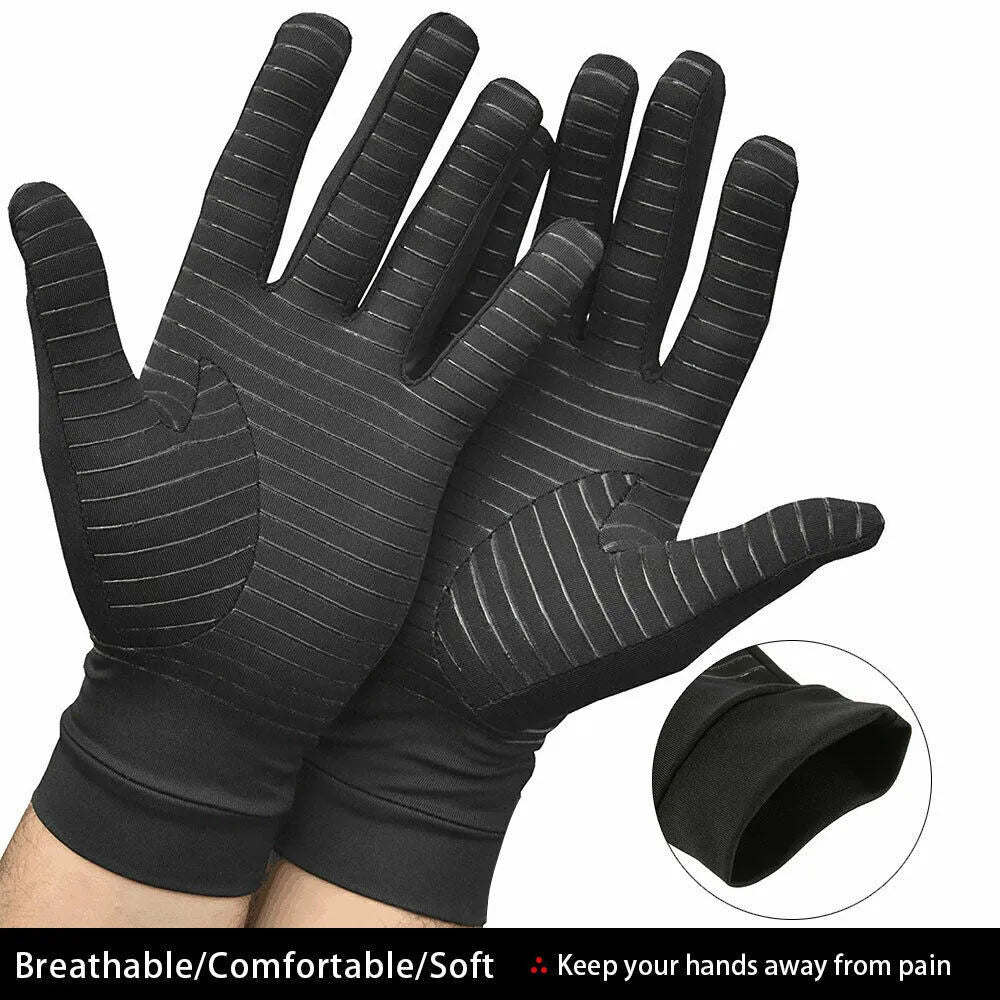 Black copper fibre compression gloves for arthritis, full finger style, showing stretch fabric and textured palm