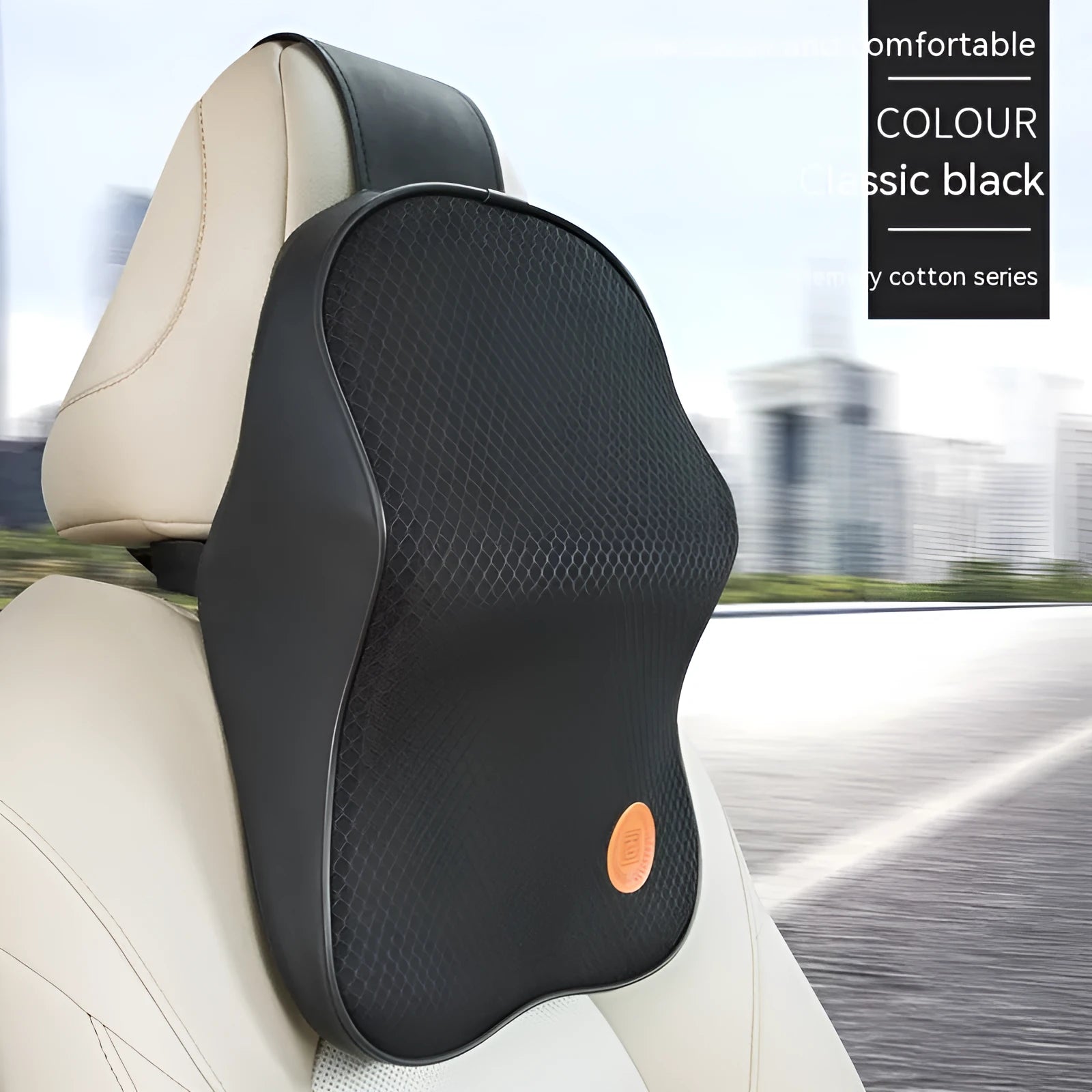 Black memory foam car headrest pillow and matching lumbar support pillow on a car seat.