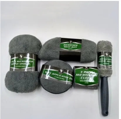 9-piece car wash kit with tire brush, wool glove, sponge block, two 280G/M2 towels, waffle cloth and three waxing cakes