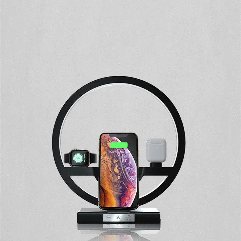 Black 3 in 1 wireless charger stand with ring light for phone watch and headset