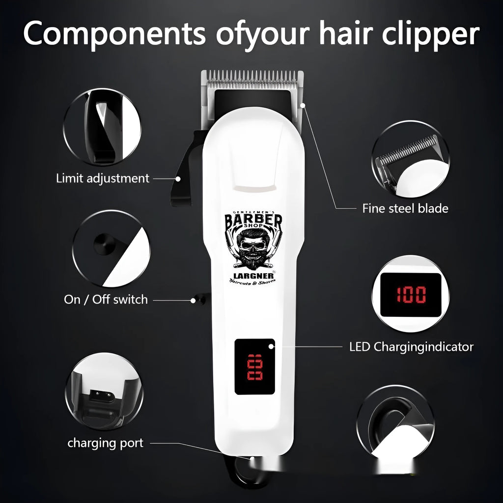 Rechargeable hair clipper with stainless steel cutter head, plastic body, and 4-in-1 accessory kit on a table.