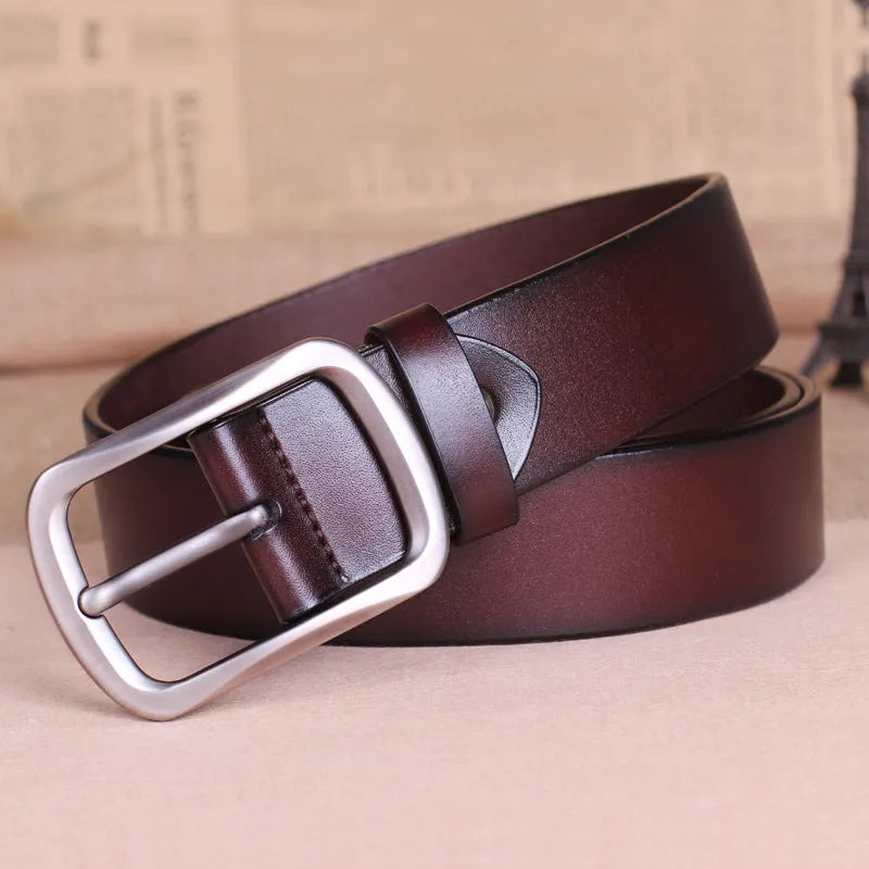 Men's genuine leather belt with alloy buckle, 125cm length, 0.38cm thickness, three colours