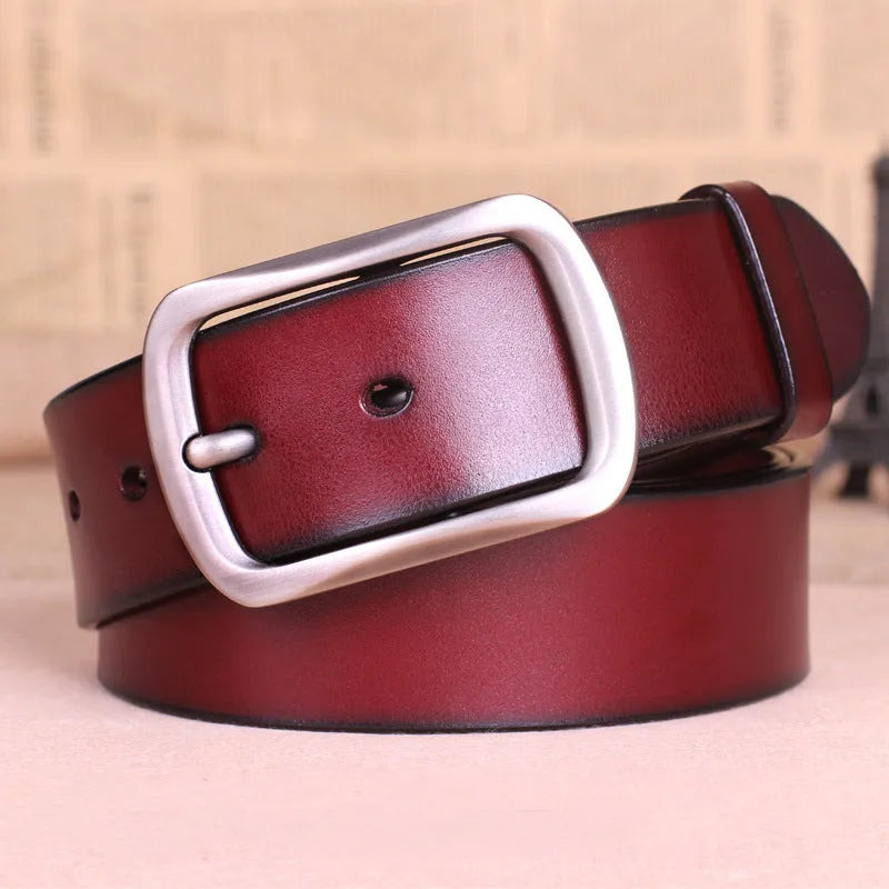 Men's genuine leather belt with alloy buckle, 125cm length, 0.38cm thickness, three colours