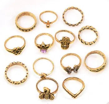 Boho vintage rings set alloy inlaid artificial gemstone ancient silver and gold colours