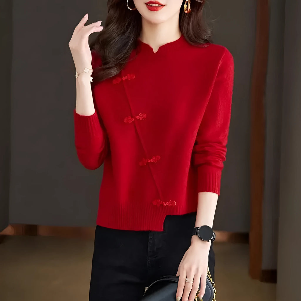 Red thickened knit sweater with irregular temperament design, long sleeves, and regular fit in cherry red
