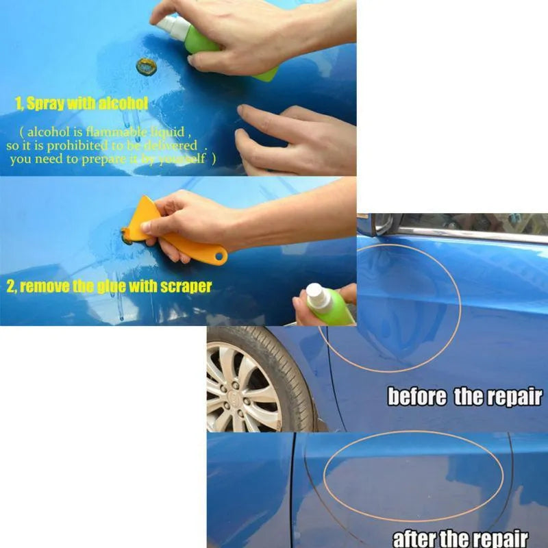 Car dent removal kit with gold puller, rubber tabs, glue gun, and shovel scoops on a workbench