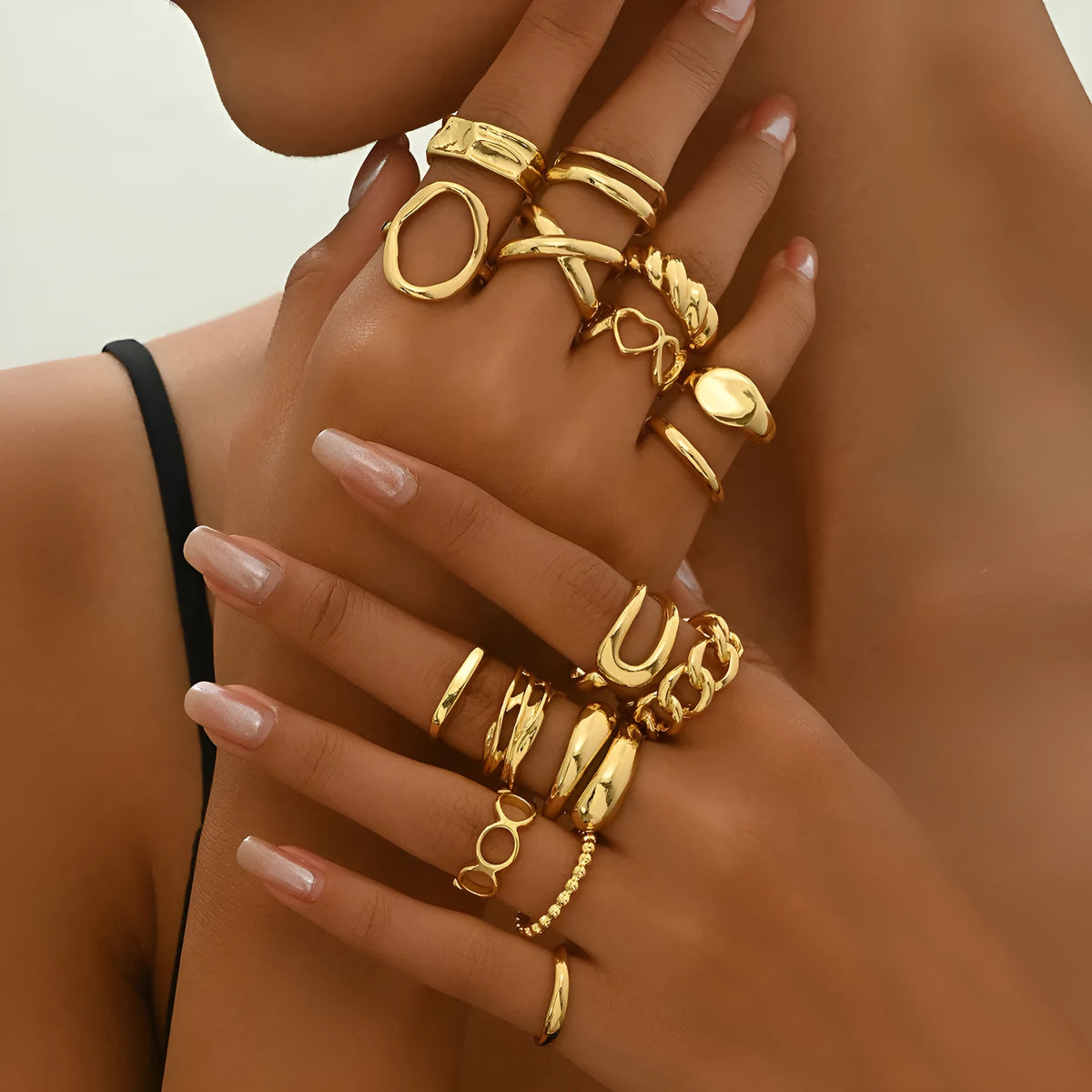 16-piece women's open ring set in silver or gold with love and geometric designs