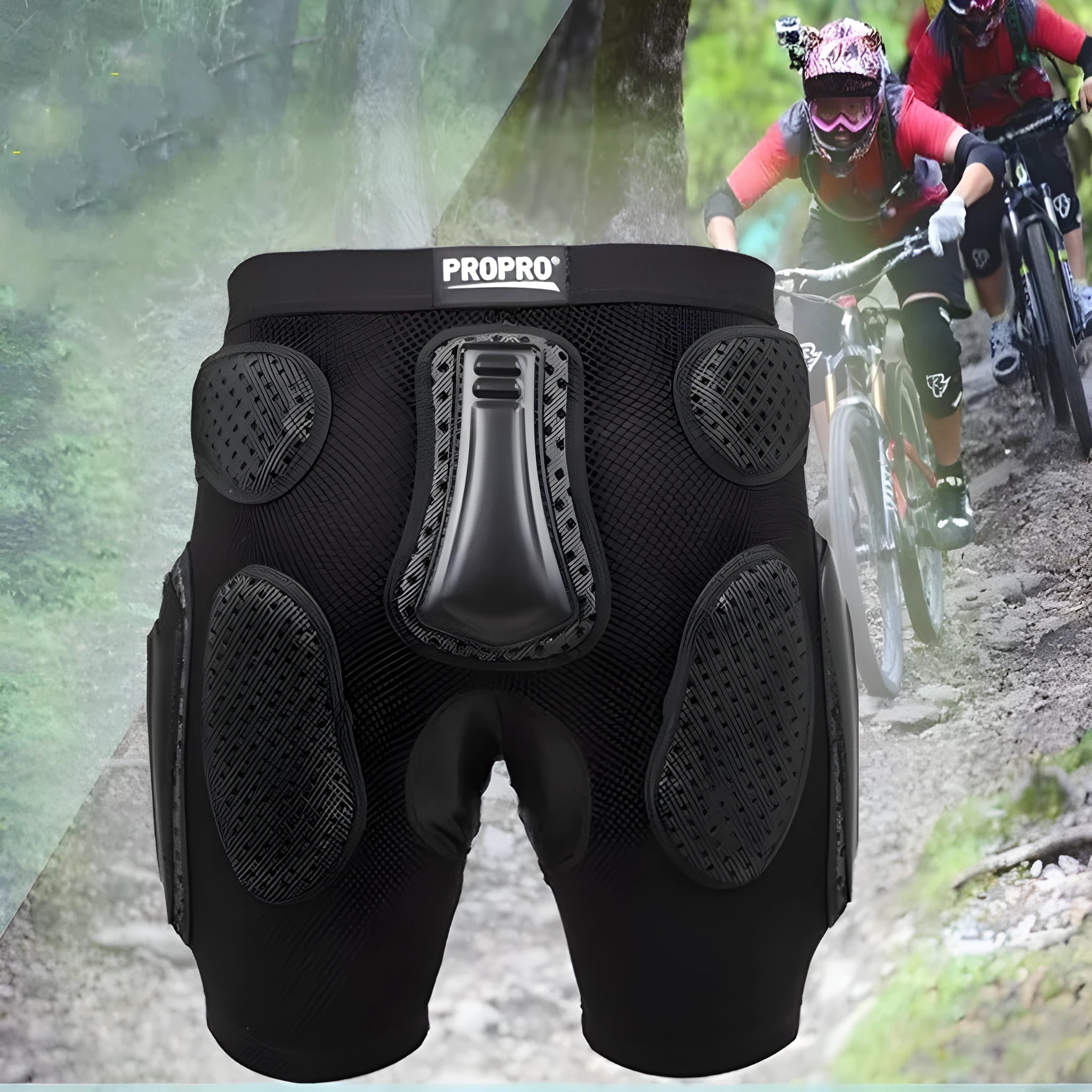 Black cycling protective hip pad pants on a mannequin, showing integrated padding at the hip area.