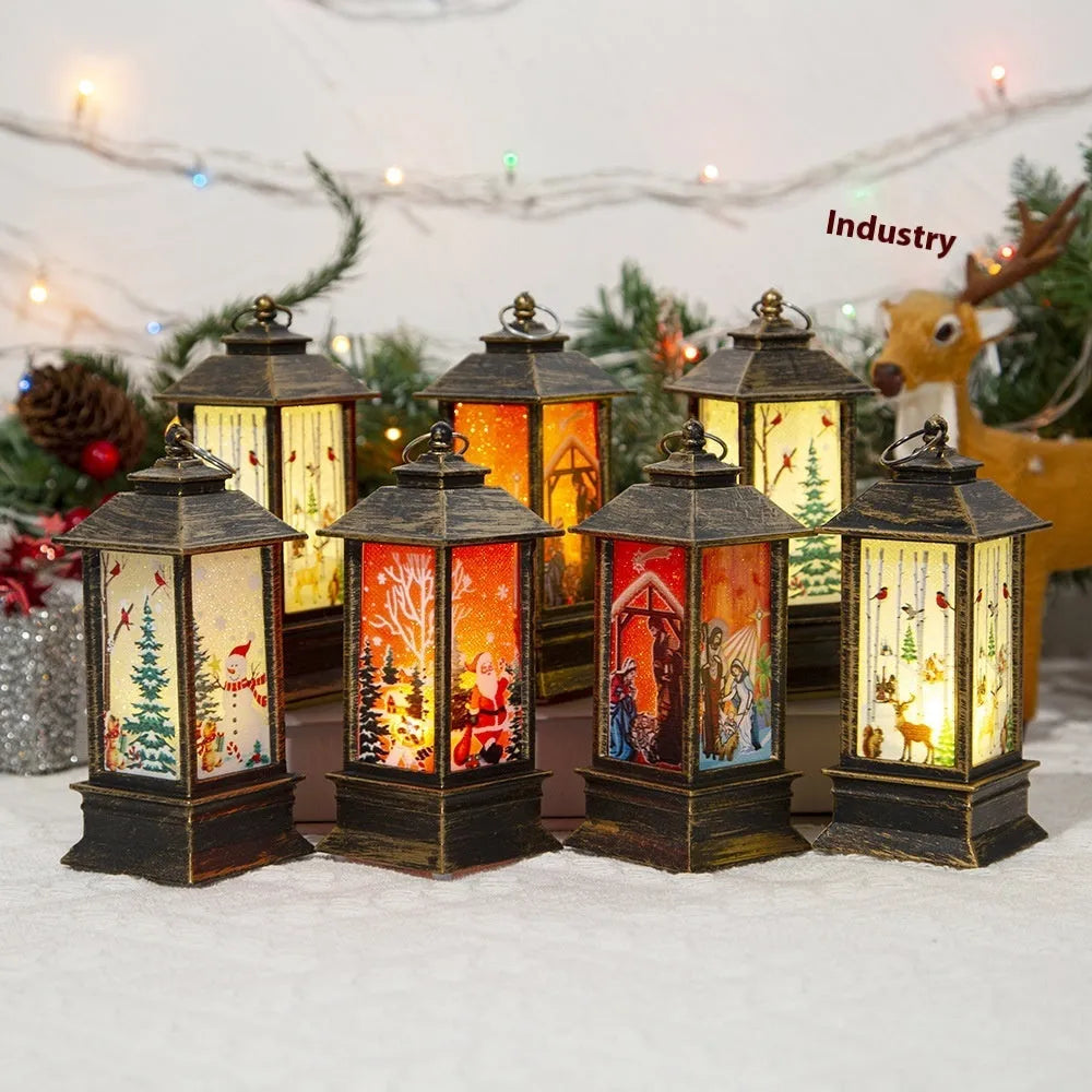 Small plastic Christmas portable oil lamp with Santa Claus figure, battery powered LED night light, hanging lantern design