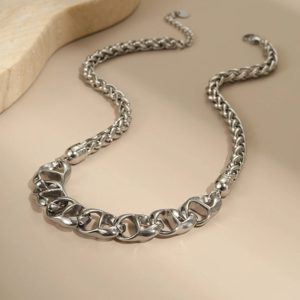 Stainless steel geometric chain necklace with 18K gold plating in gold or steel colour options