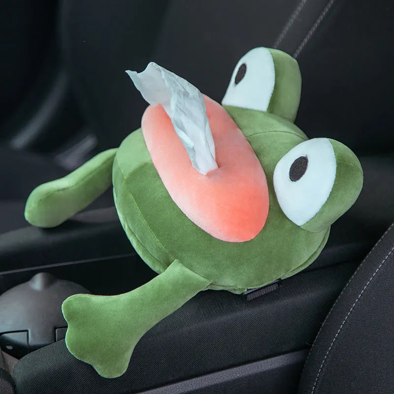 Green frog plush car tissue box hanging on seat back with telescopic buckle