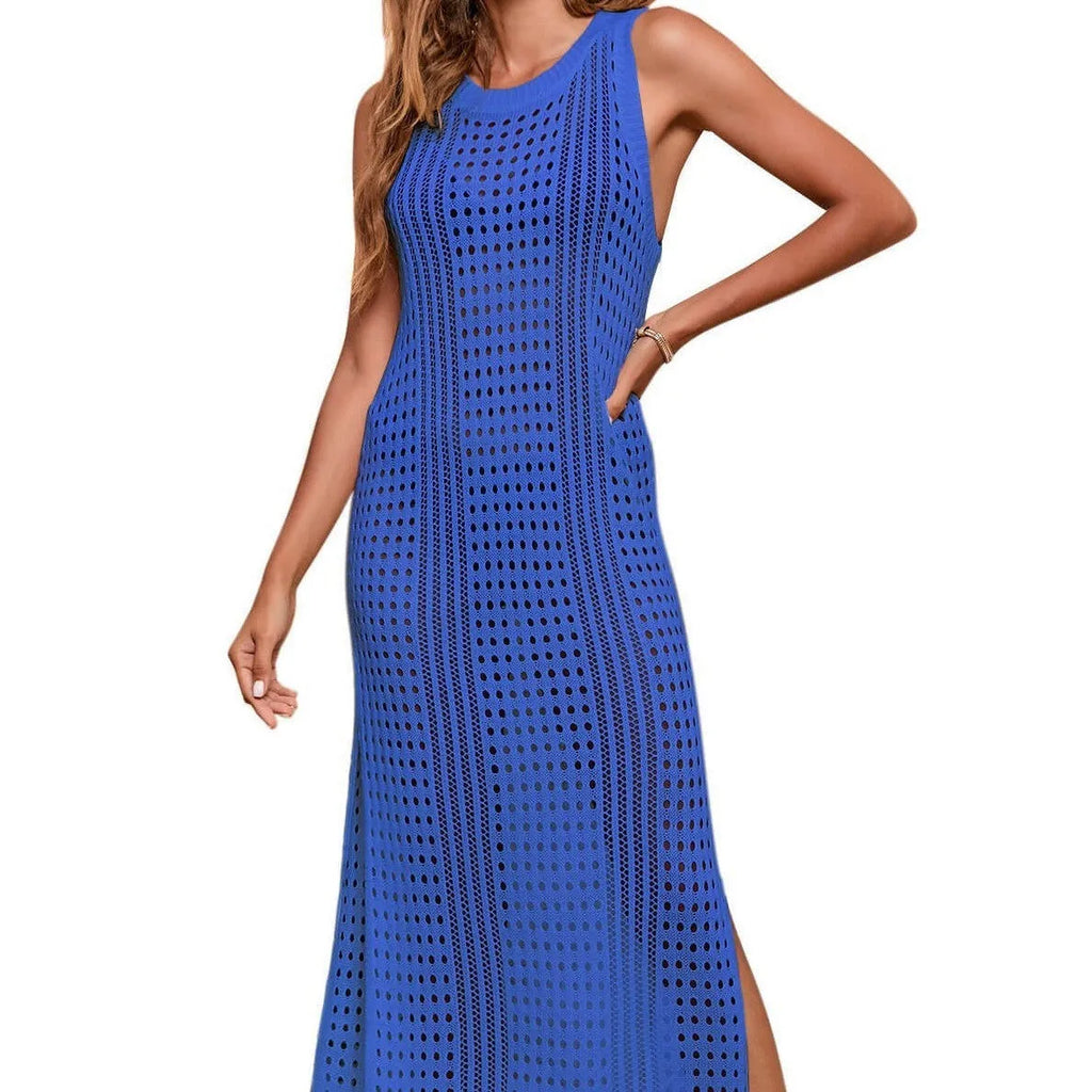 Long loose solid color hollow-out knitted beach blouse with cotton blend lining for swimming and wading