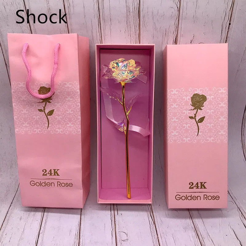 24K luminous gold rose flower set in gift box with tote bag, handmade plastic bouquet non-fade artificial roses