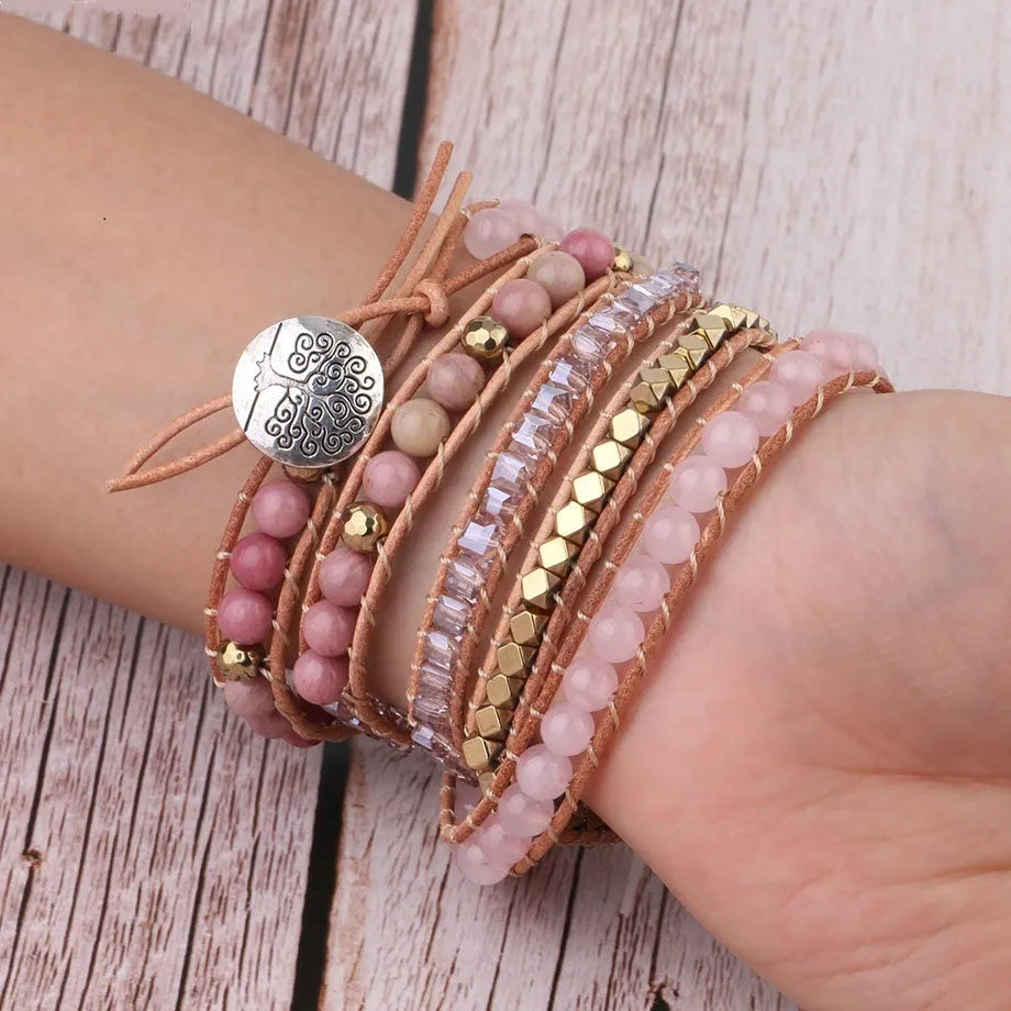 Natural rose quartz leather wrap bracelet 5 strand boho style on wrist