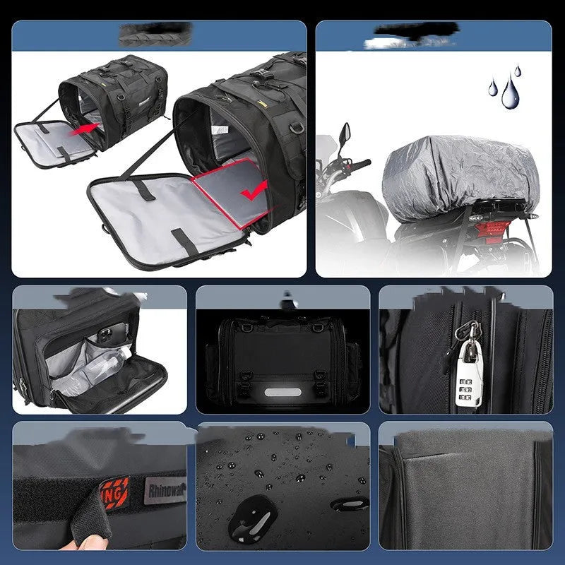 Expandable black polyester motorcycle rear seat bag measuring 31.5x31.5x44cm with rain cover and shoulder strap
