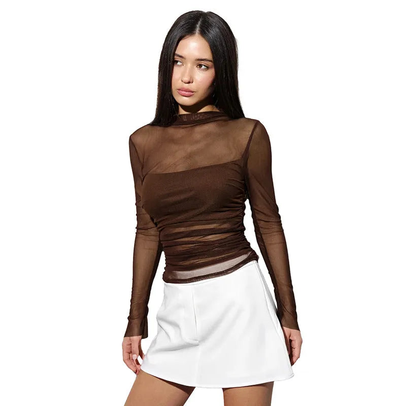 New round-neck pullover sheer mesh bustier spliced top in brown with long sleeves