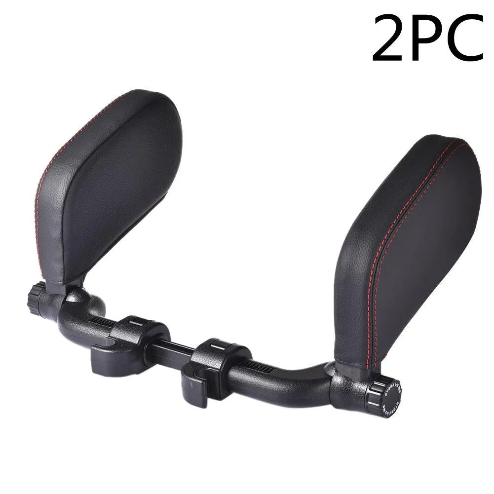 Car headrest neck pillow with memory foam padding, adjustable width and height, leather cover in black with red