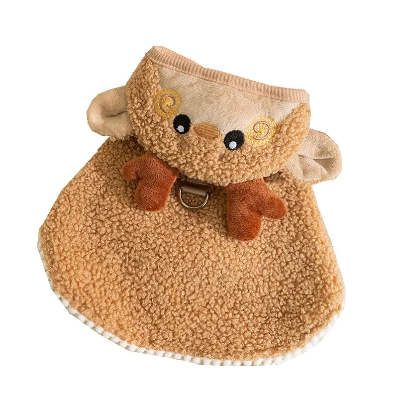 Green granular velvet Christmas pet cape with Christmas tree hat and D-ring on a cat