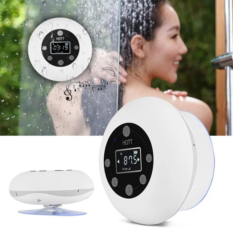 White waterproof Bluetooth speaker for bathroom with 12-hour battery and compact design