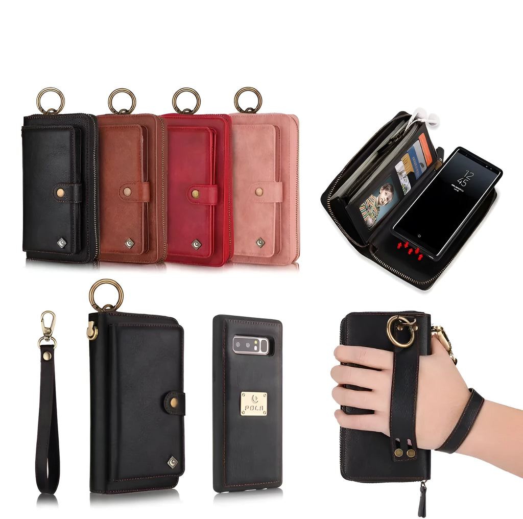 Imitation leather wallet phone case for Samsung Galaxy Note8 in black colour showing card slots and zipper