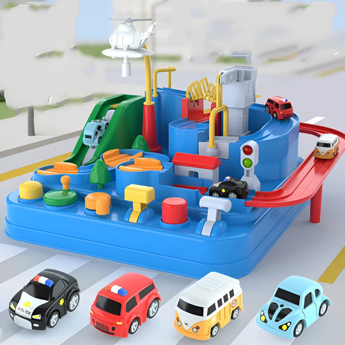 Adventure parking lot plastic toy car track set with manual remote control handle