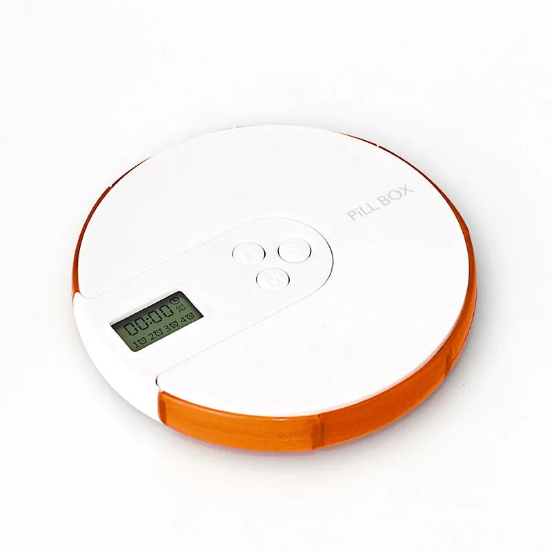 Blue seven-day electronic pill organiser with digital clock display and separate daily compartments.