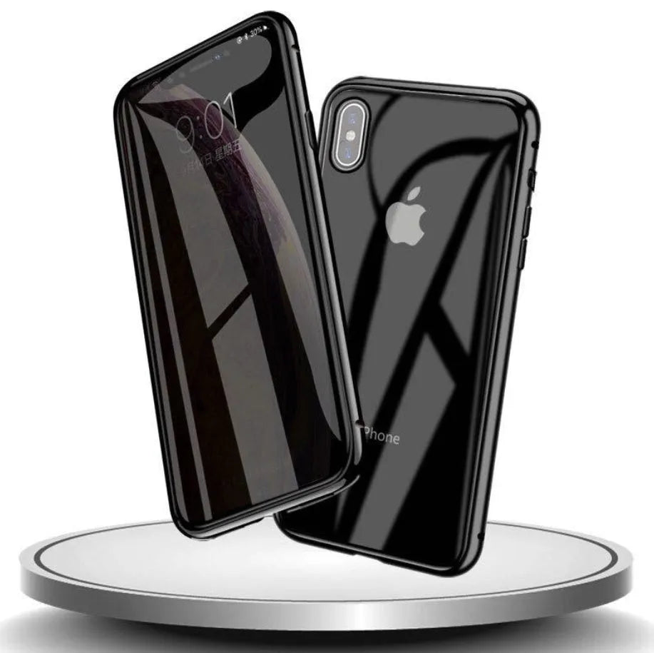 A black glass clamshell phone case for an iPhone with a geometric design and privacy screen.