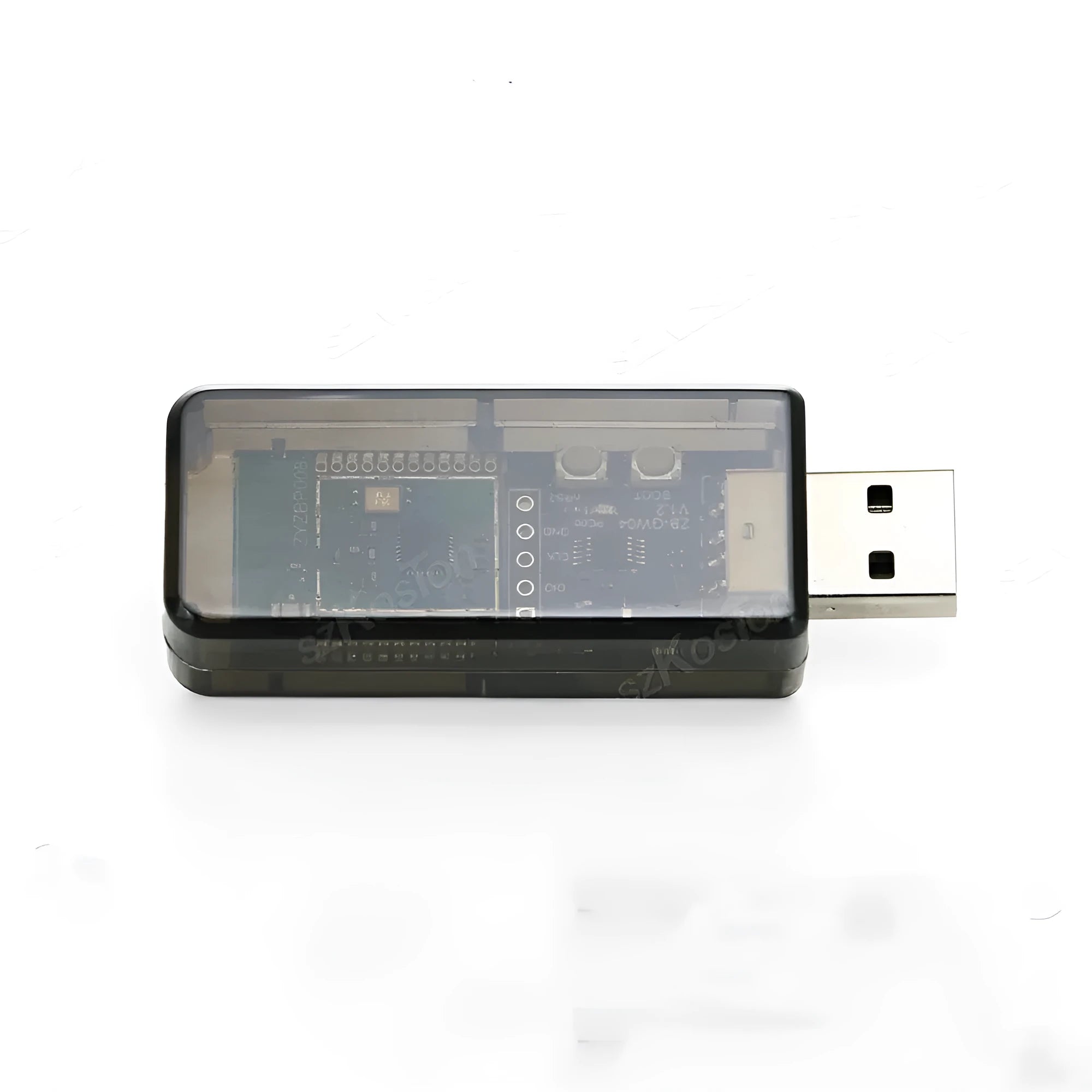 Silicon Labs EFR32MG21 Zigbee USB dongle with plastic shell for Home Assistant connectivity.