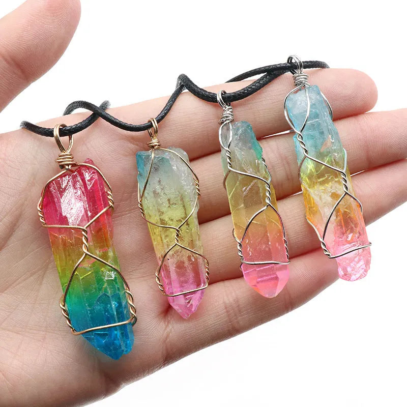 Tree of Life crystal pillar pendant necklace with O-chain and extension, available in rainbow colour
