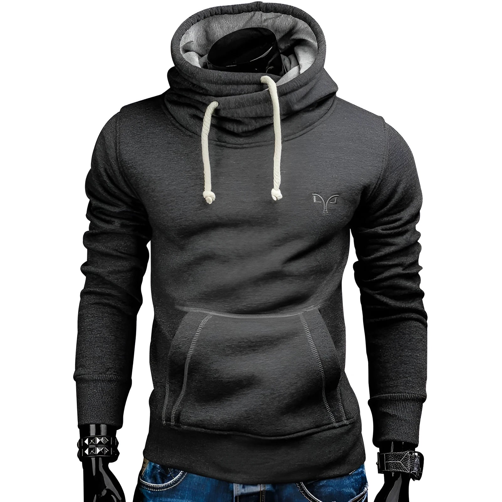 Unisex spring autumn hoodie in dark grey with kangaroo pocket and drawstring hood