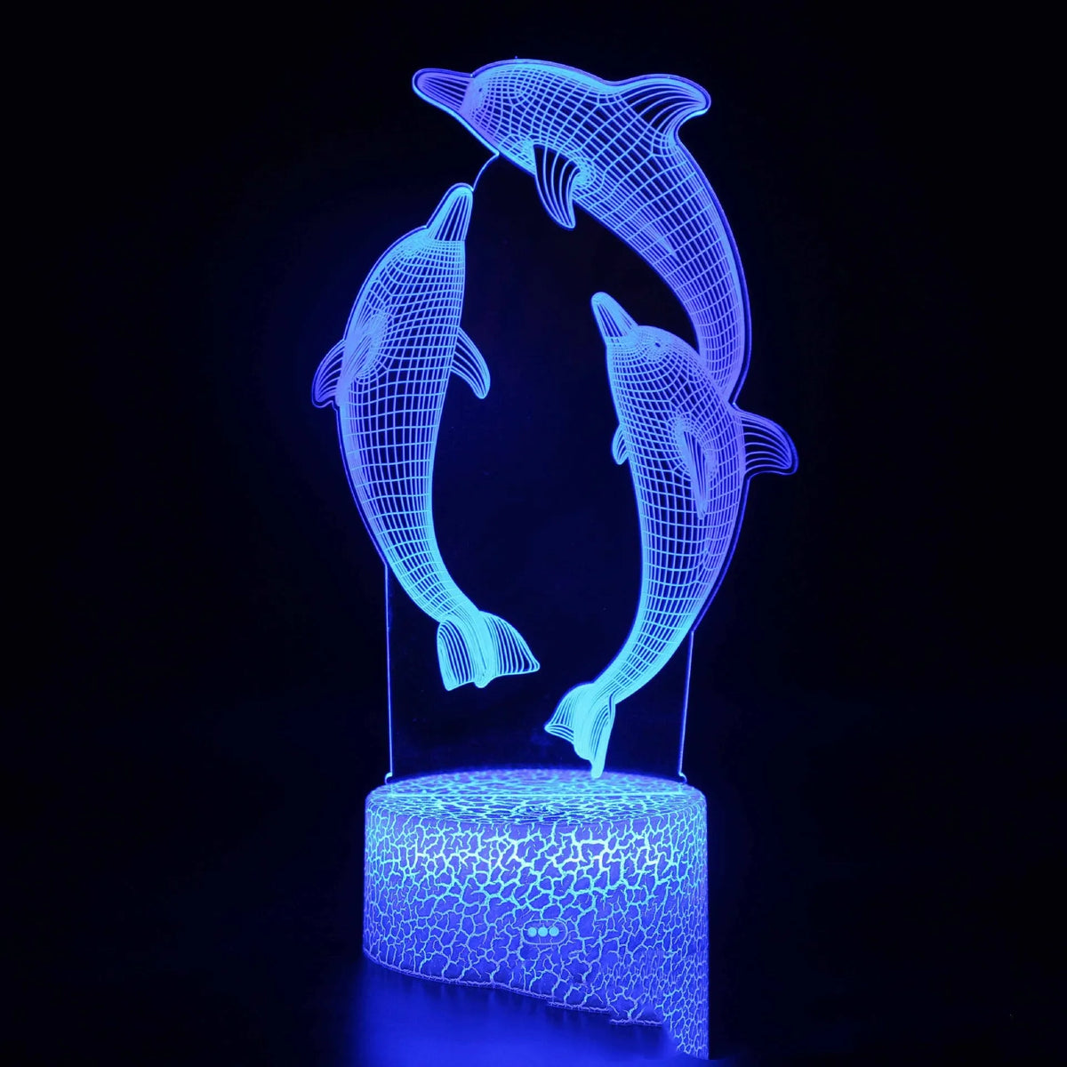 Dolphin Series 3D LED night light with laser-engraved acrylic panel and ABS base, showing illuminated dolphin pattern