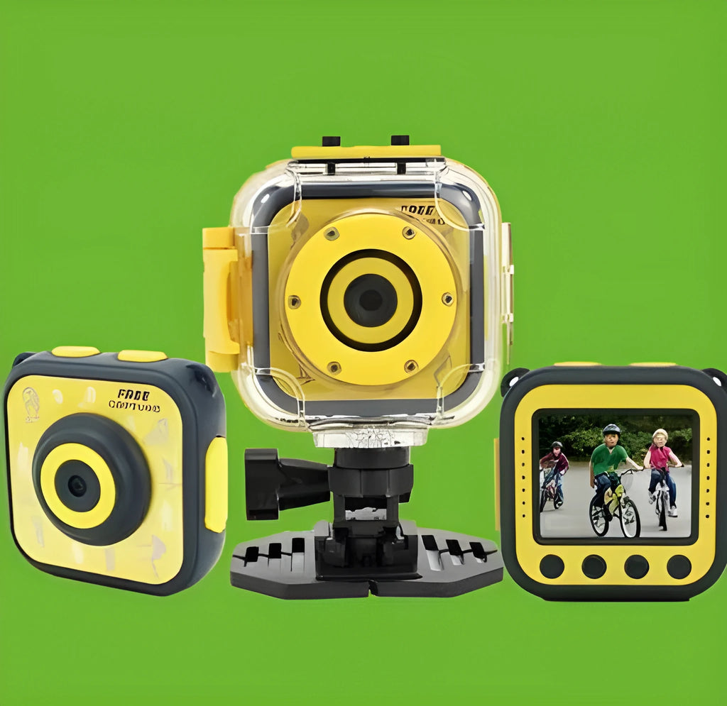 Yellow children's waterproof sports camera with compact design showing dimensions and LCD screen