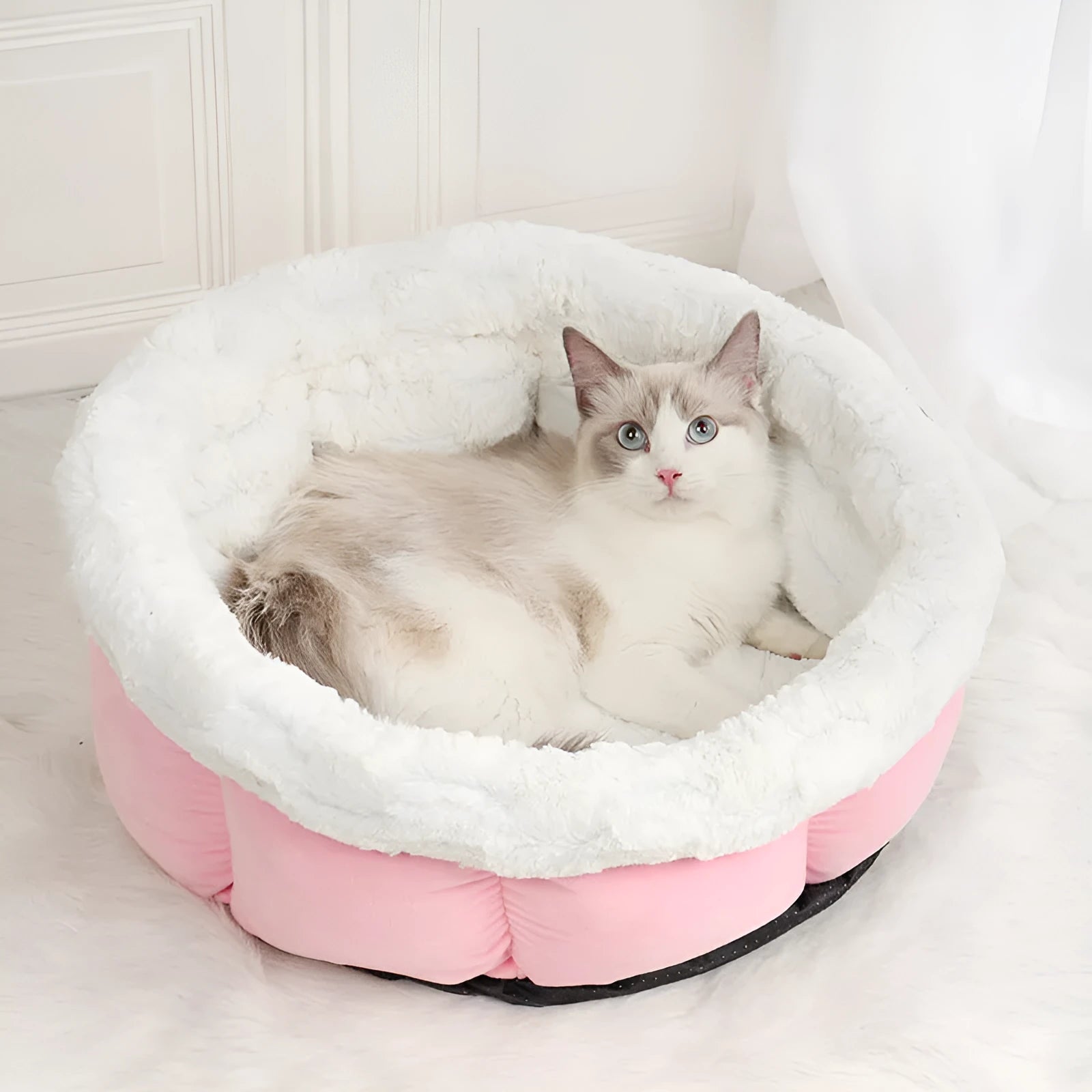 Grey petal cat mat for cats and dogs, 48x49x25cm, plush and suede material, raised rim