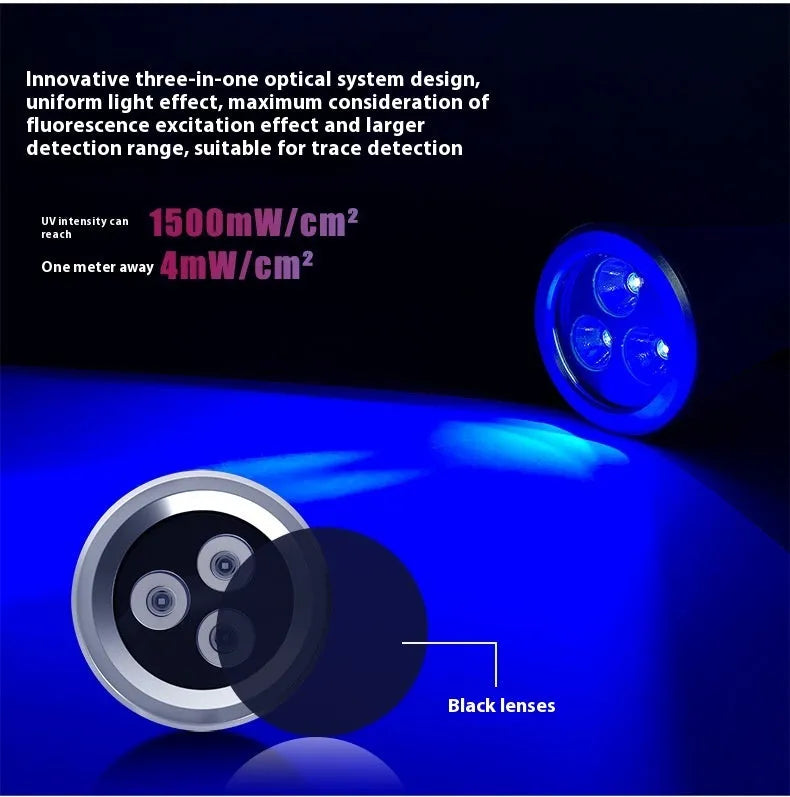Black aluminium UV flashlight with USB-C port for detecting pet urine stains and insects.